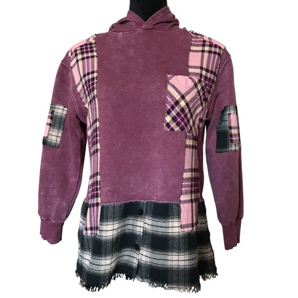 Upcycled Patchwork Hoodie, S-M: Distressed Magenta Grunge Sweater, Campus Style - Picture 5 of 16